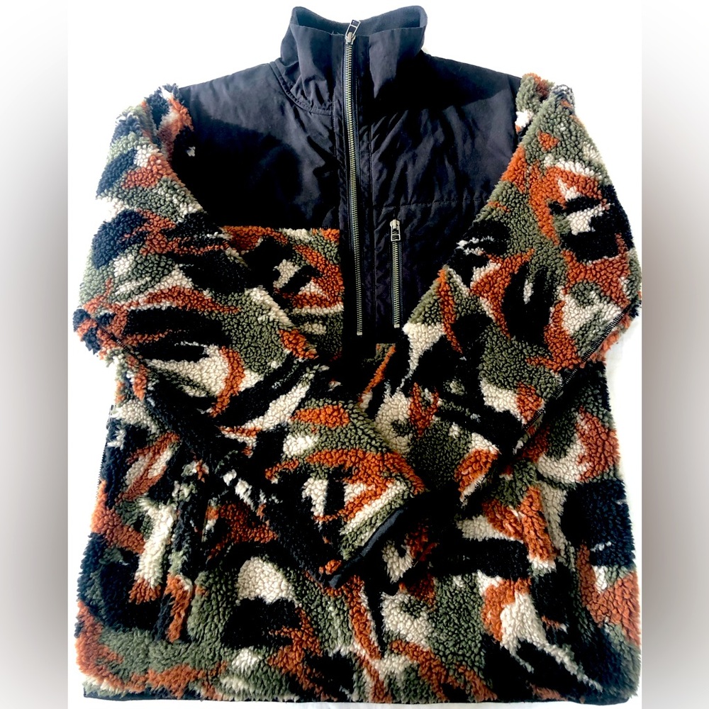 LL BEAN SIGNATURE Slim High Pile Pullover Fleece Jacket 1/4 Zip CAMO Mens Small
